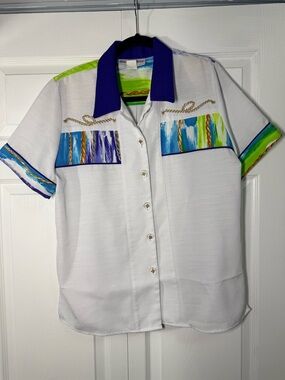 Brenda Goode 80s Vintage Colorblock Patterned Shirt Medium White Blue Green